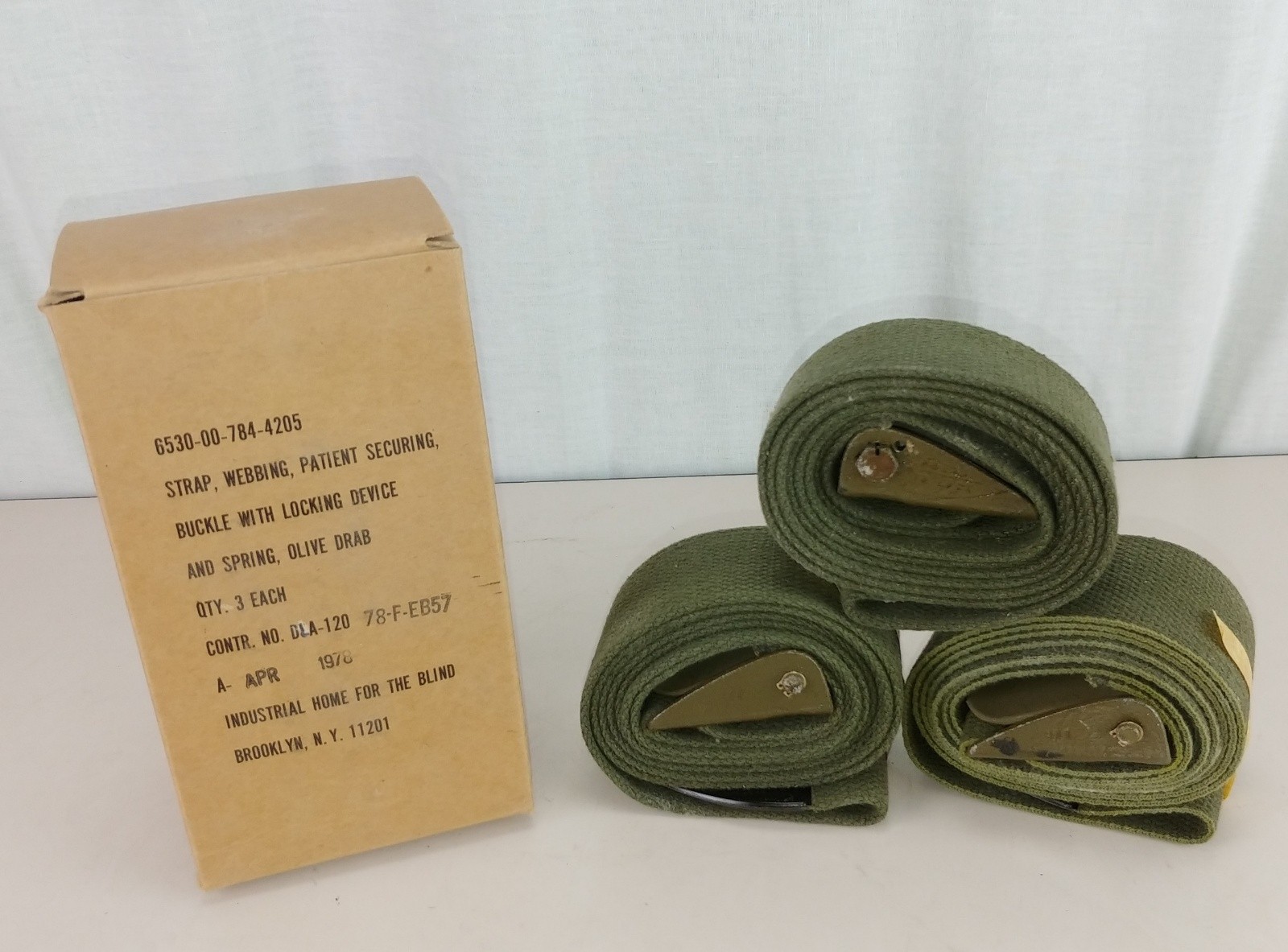 NOS Box of 3 Military 2" x 72" OD Green Cotton Webbing Strap Litter Restraint With Buckle