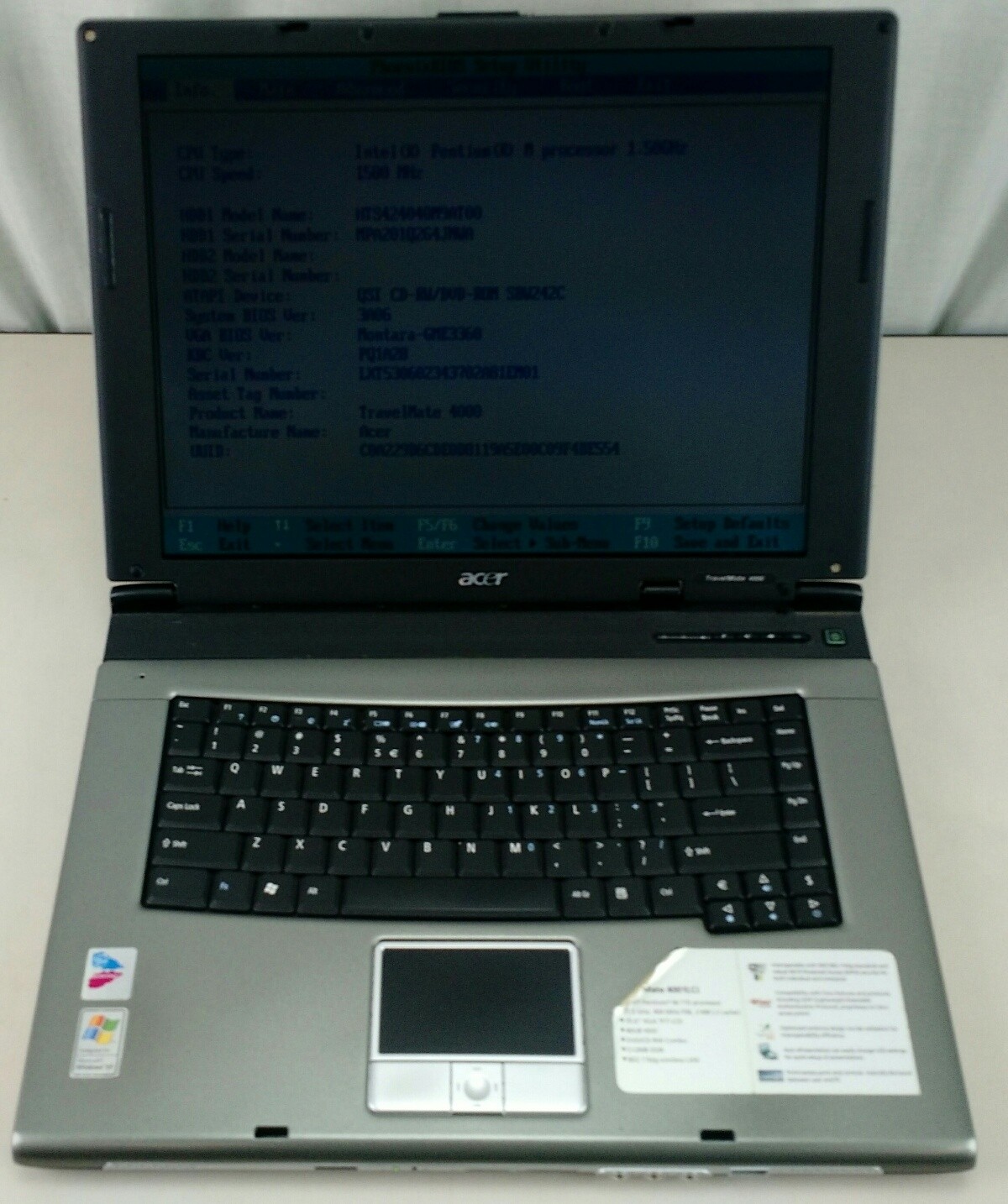 Acer TravelMate 4001LCi Laptop 15" Pentium 1.5GHz Bad HDD 512MB Wifi 