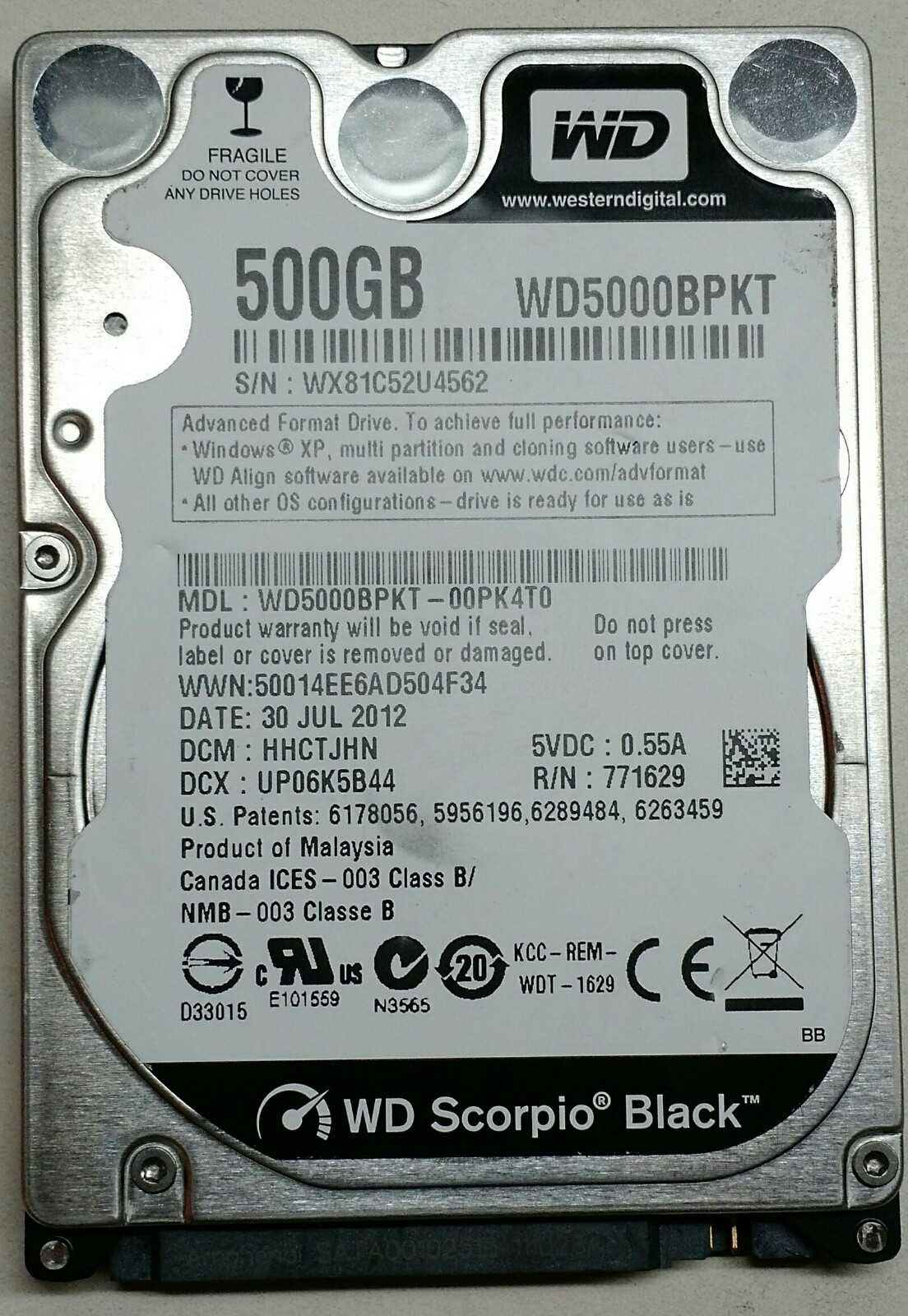 Western Digital Black WD5000BPKT 500Gb 7200RPM 2.5" Hard Drive