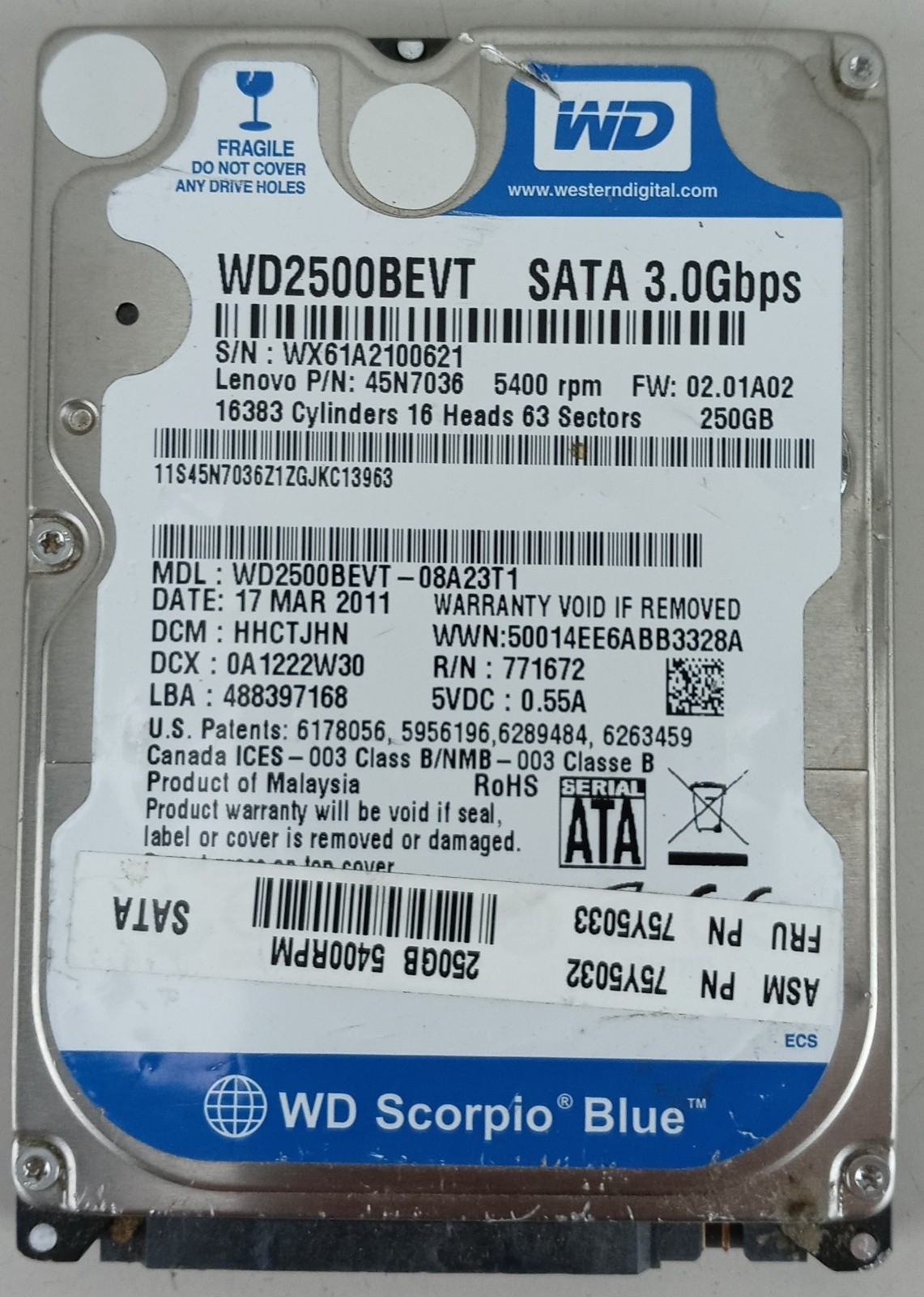 Western Digital Scorpio Blue WD2500BEVT 250GB 5400 RPM SATA 2.5" Internal Hard Drive