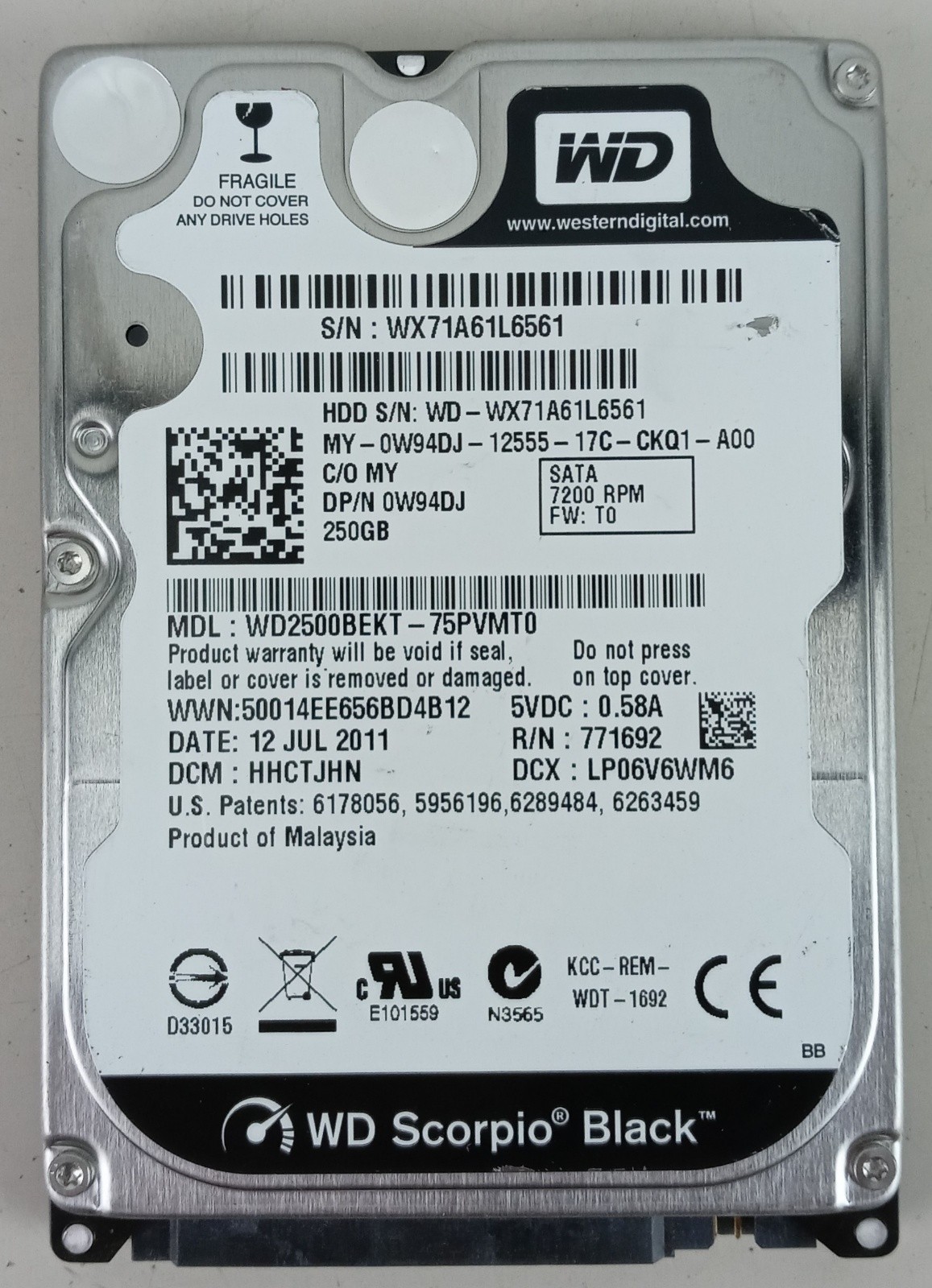 Western Digital Scorpio Black WD2500BEKT 250GB 7200 RPM SATA 2.5" Internal Hard Drive