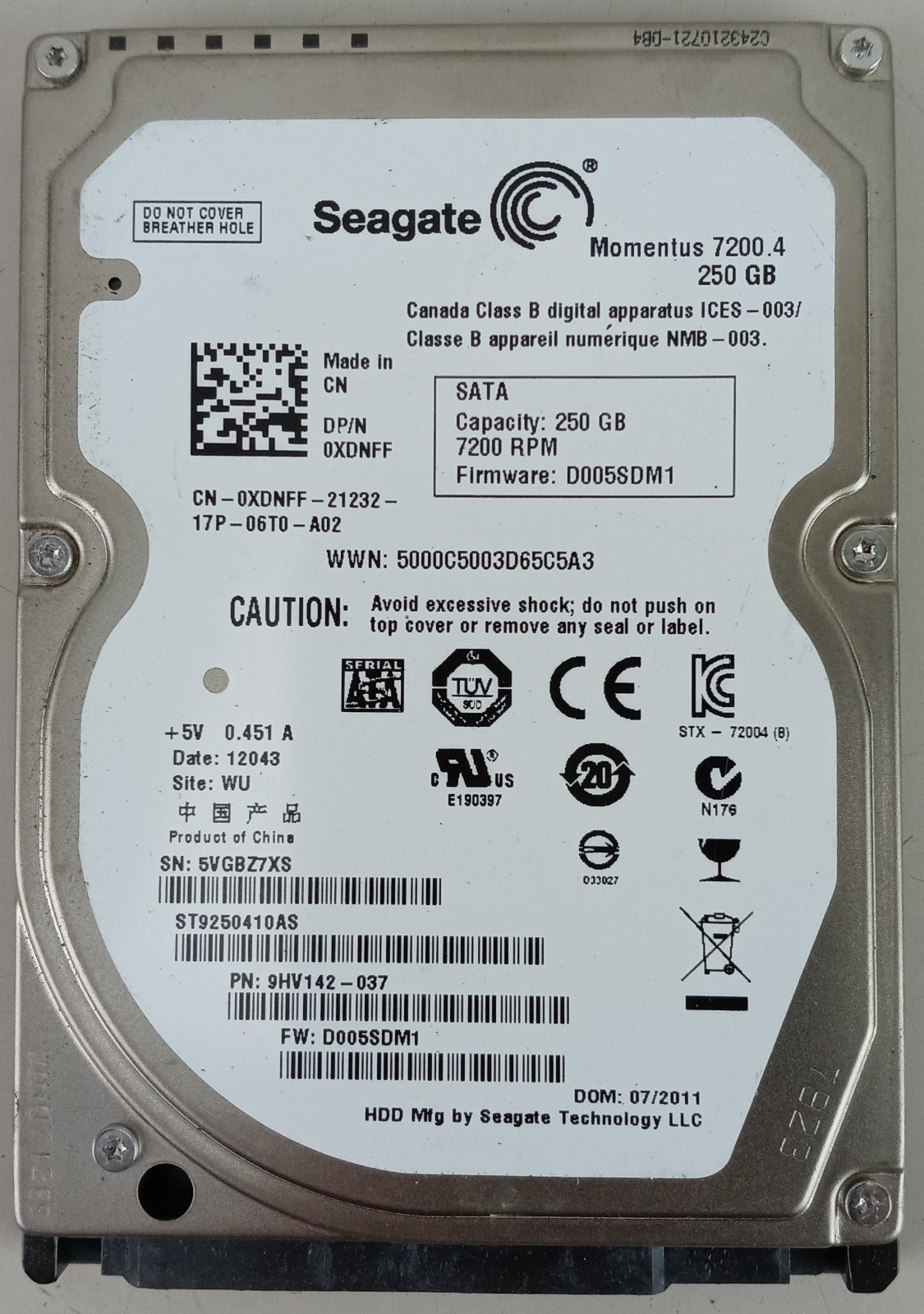 Seagate Momentus Thin 250GB 7200RPM SATA 2.5" Laptop Hard Drive ST9250410AS