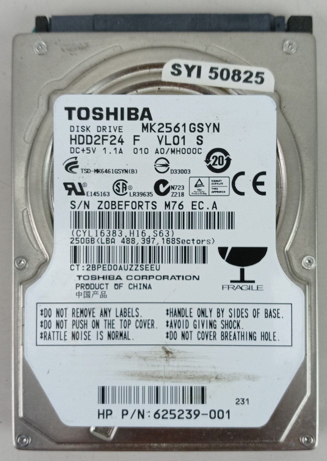 Toshiba MK2561GSYN 250GB 7200RPM SATA 2.5" Laptop Hard Drive