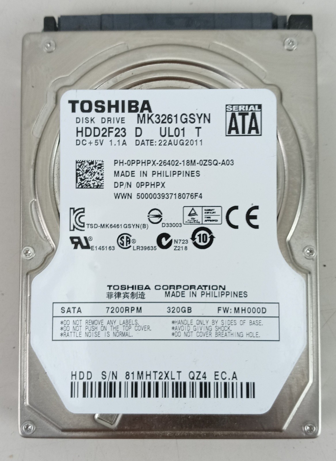 Toshiba MK3261GSYN 320GB 7200RPM SATA 2.5" Laptop Hard Drive