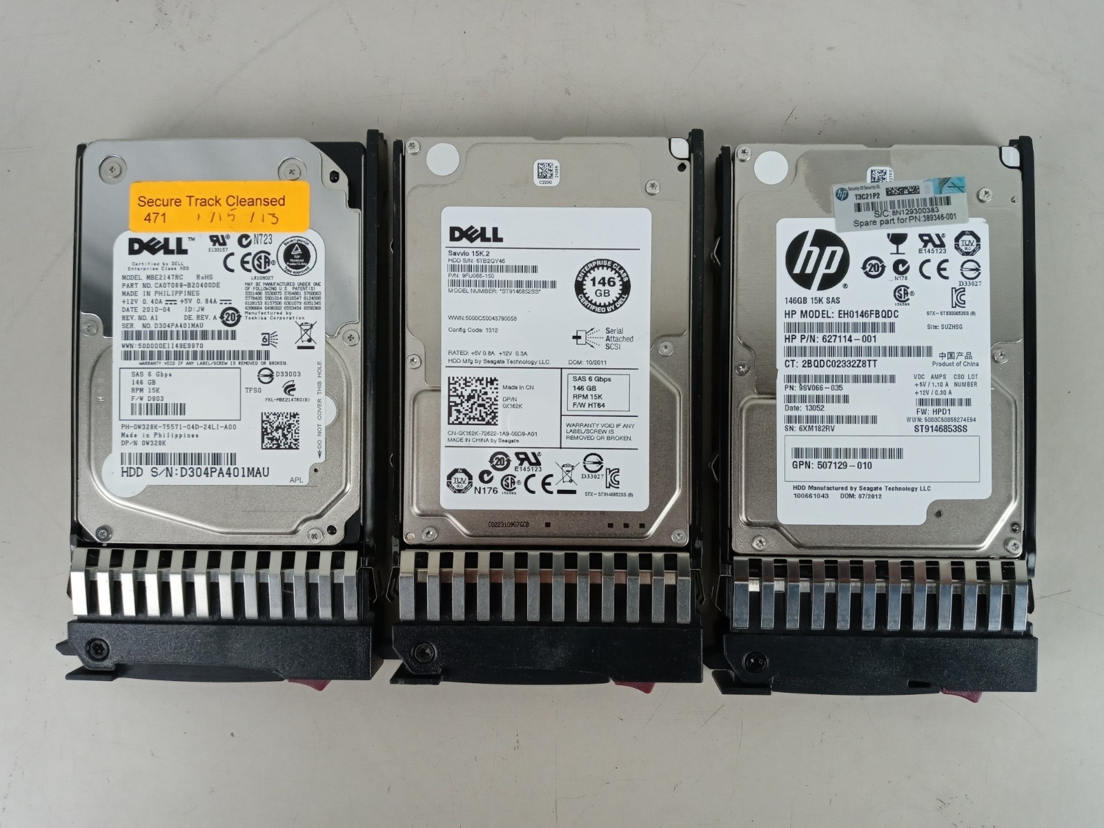 Lot of 3 HP/Dell 146Gb 15k SAS Drives w/ Caddies