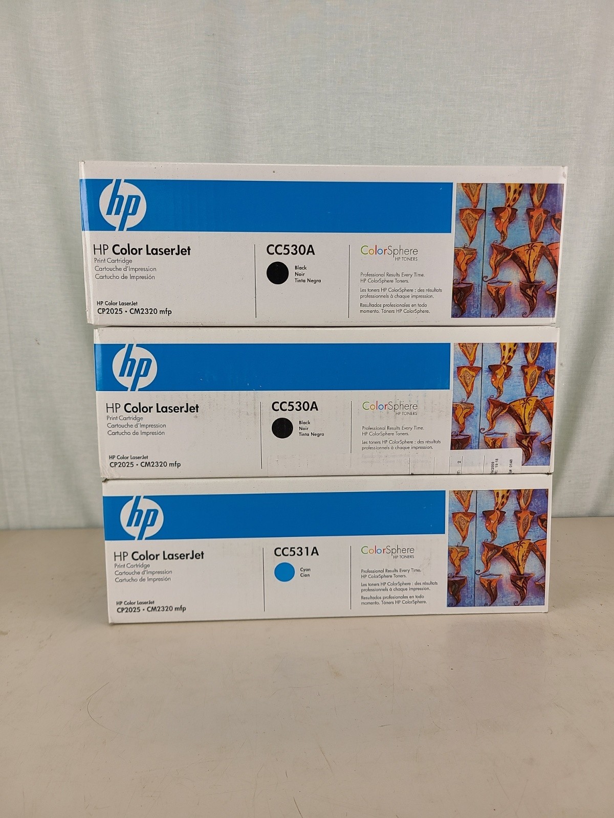 3 HP toner cartridges 304a 2x CC530A Black, CC531A Cyan