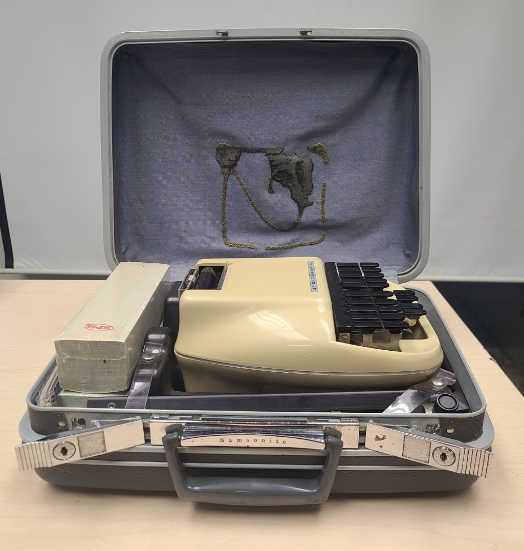 Vintage Stenograph Reporter Model Shorthand Machine W/ Case - Stand - Paper