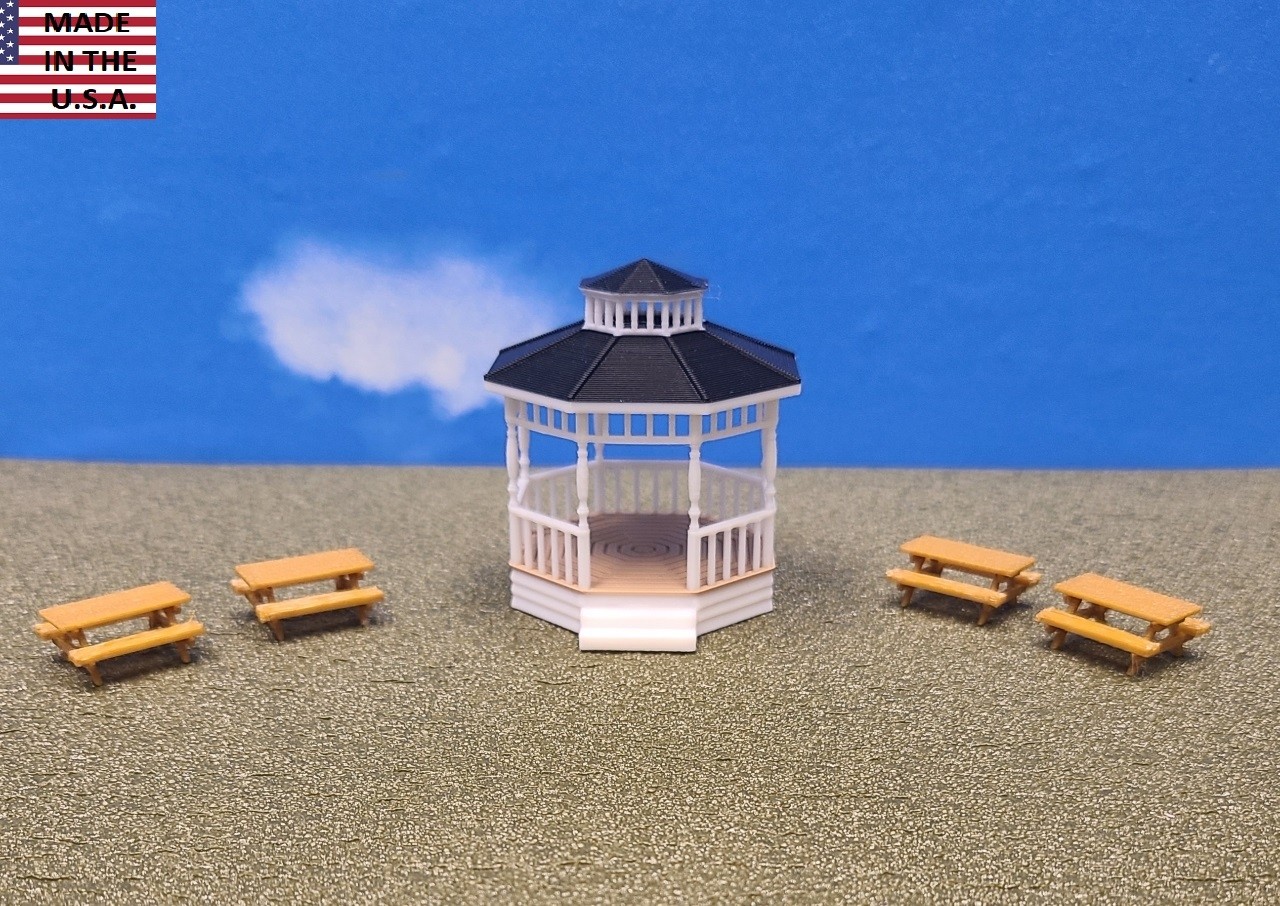 HO Scale Gazebo 3 Color & 4 Picnic Tables 1:87