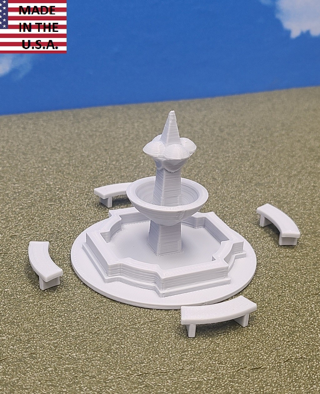 HO Scale Fountain & 4 Curved Benches 1:87 City Park Town Square 20' x 18'