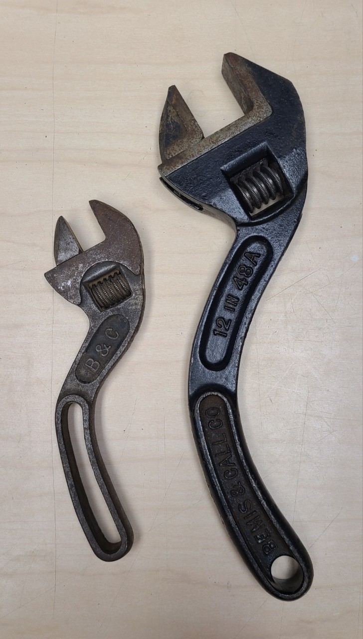 Vintage Bemis and Call B&C S-Curved adjustable wrenches, 8” & 12” 48A