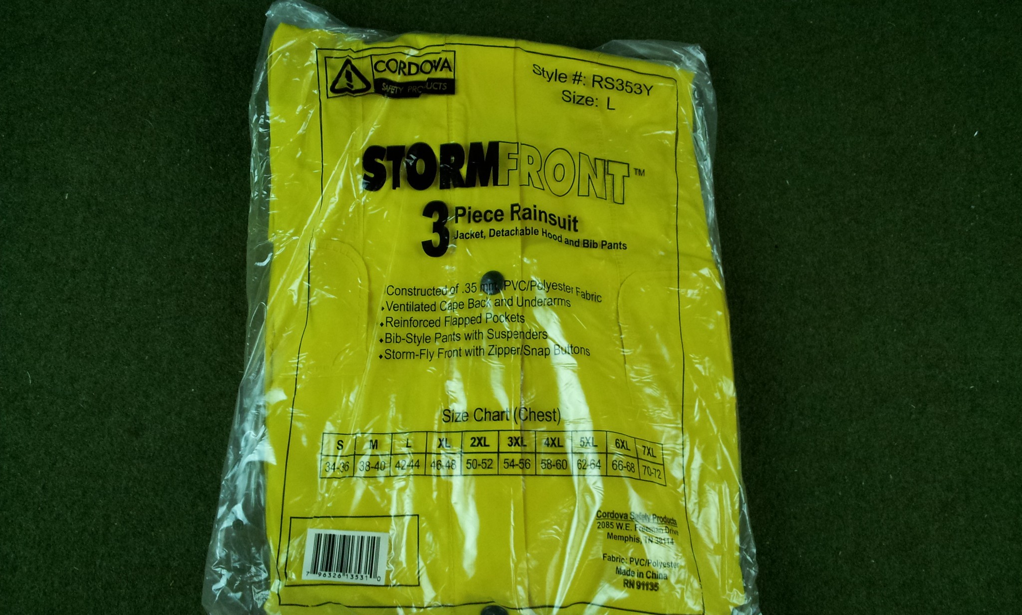 Cordova RS353Y Stormfront 3 Piece Rainsuit Yellow Size Large New