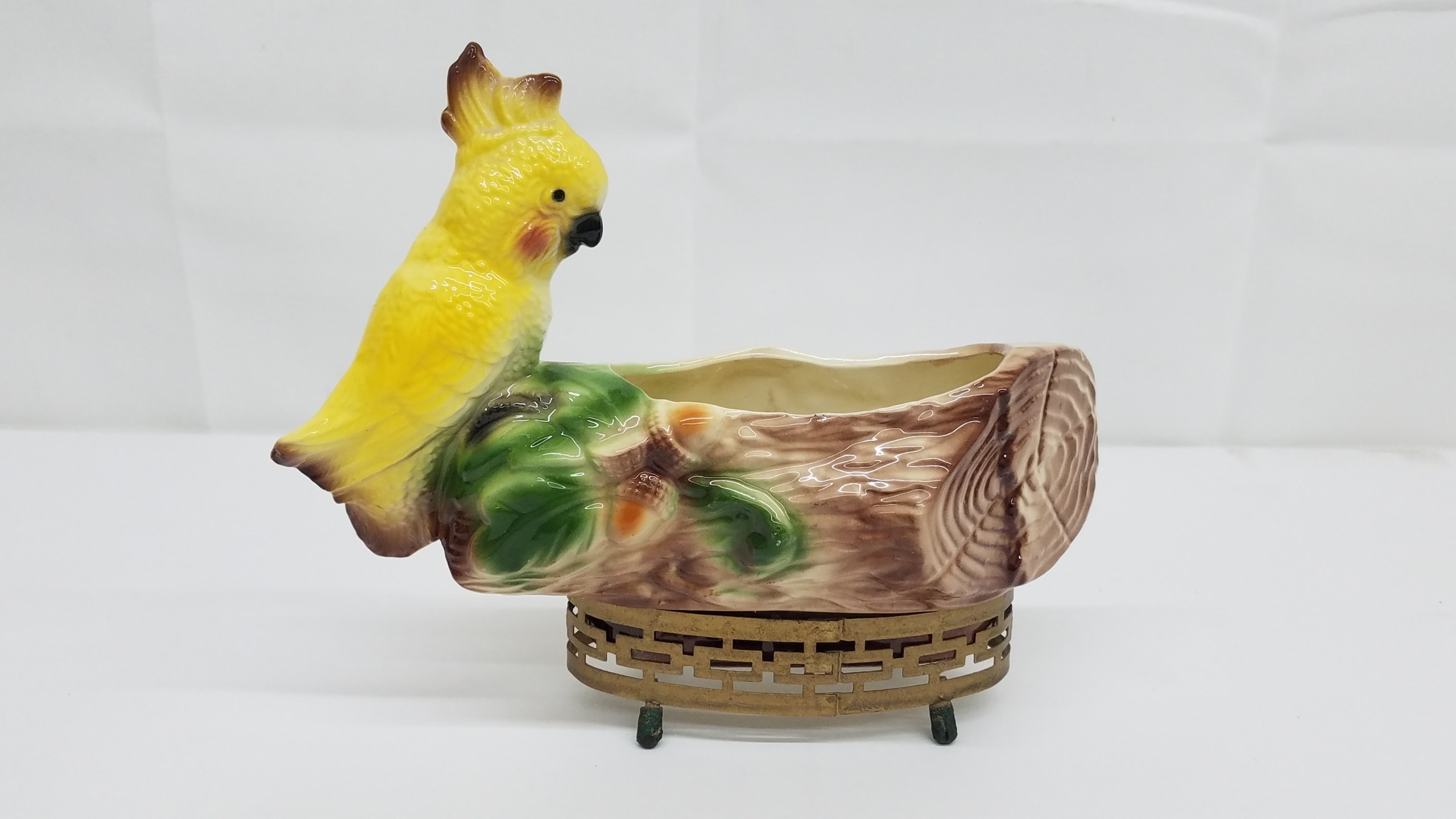 Vintage California Pottery Cockatoo Planter #205 With Metal Base