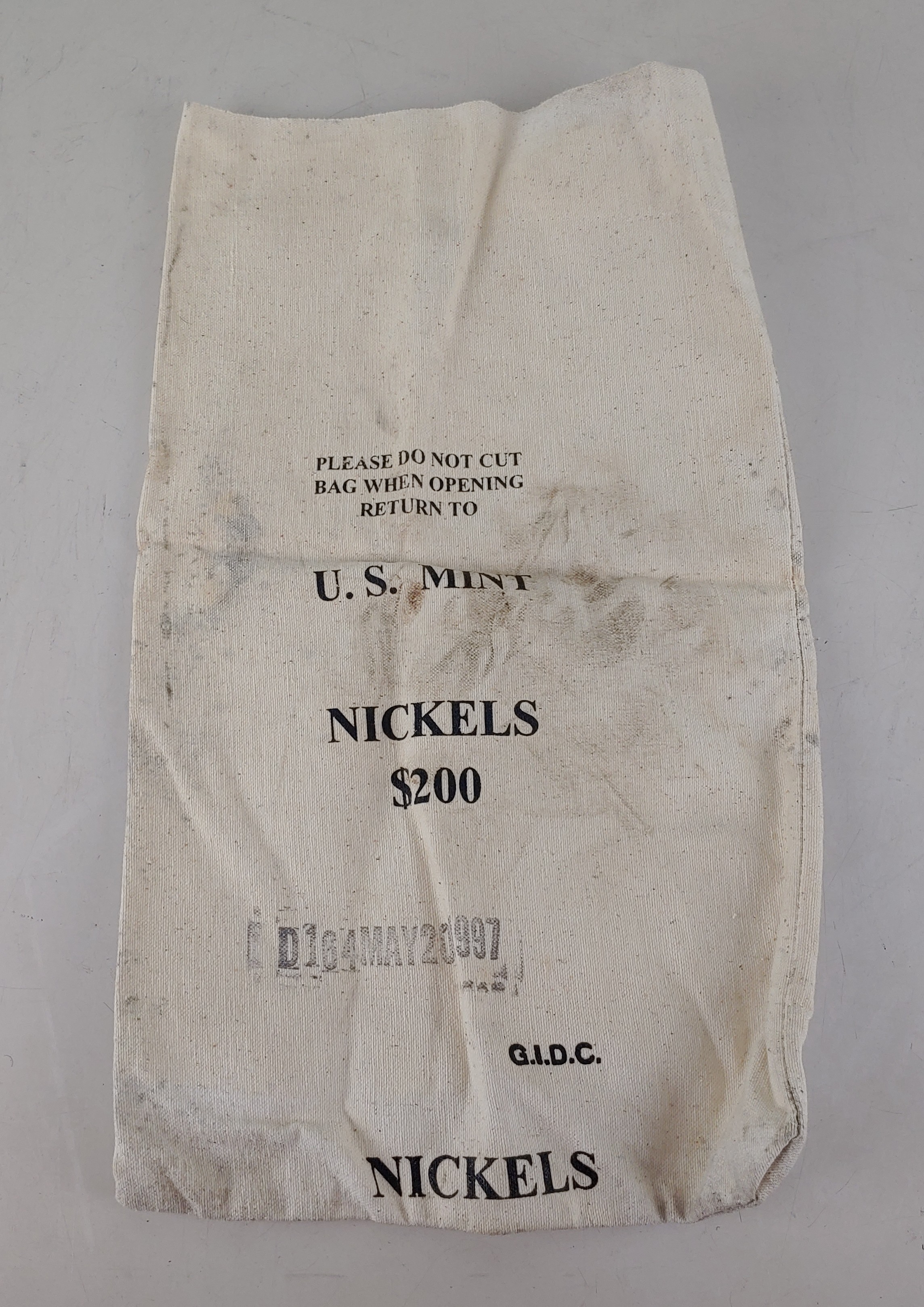 Vintage Canvas Bank Bag U.S. Mint NICKELS $200 WHITE
