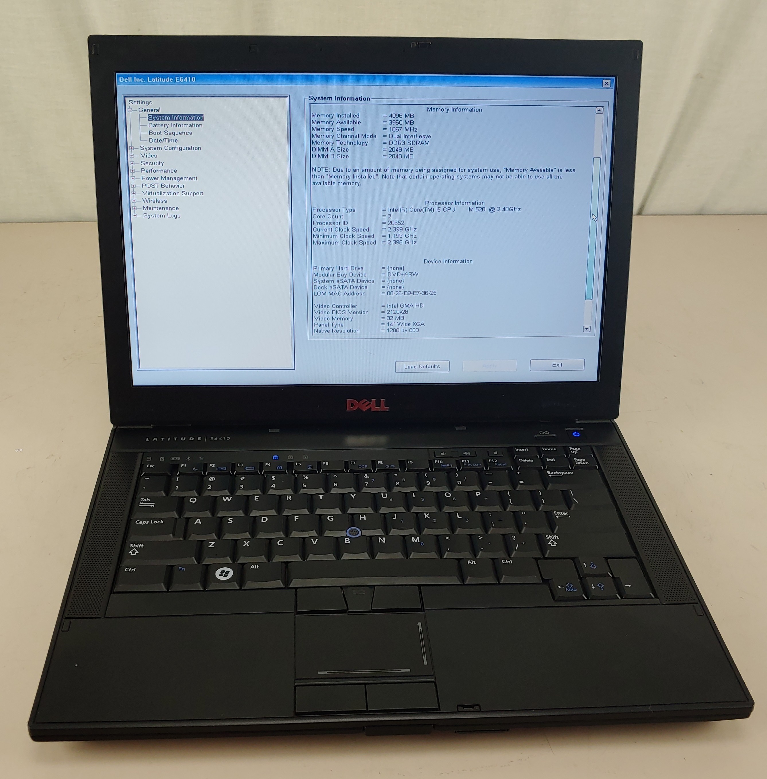 Dell Intel Core i5-M520 Intel GMA HD 4GB NO HDD + NO OS + NO BATTERY