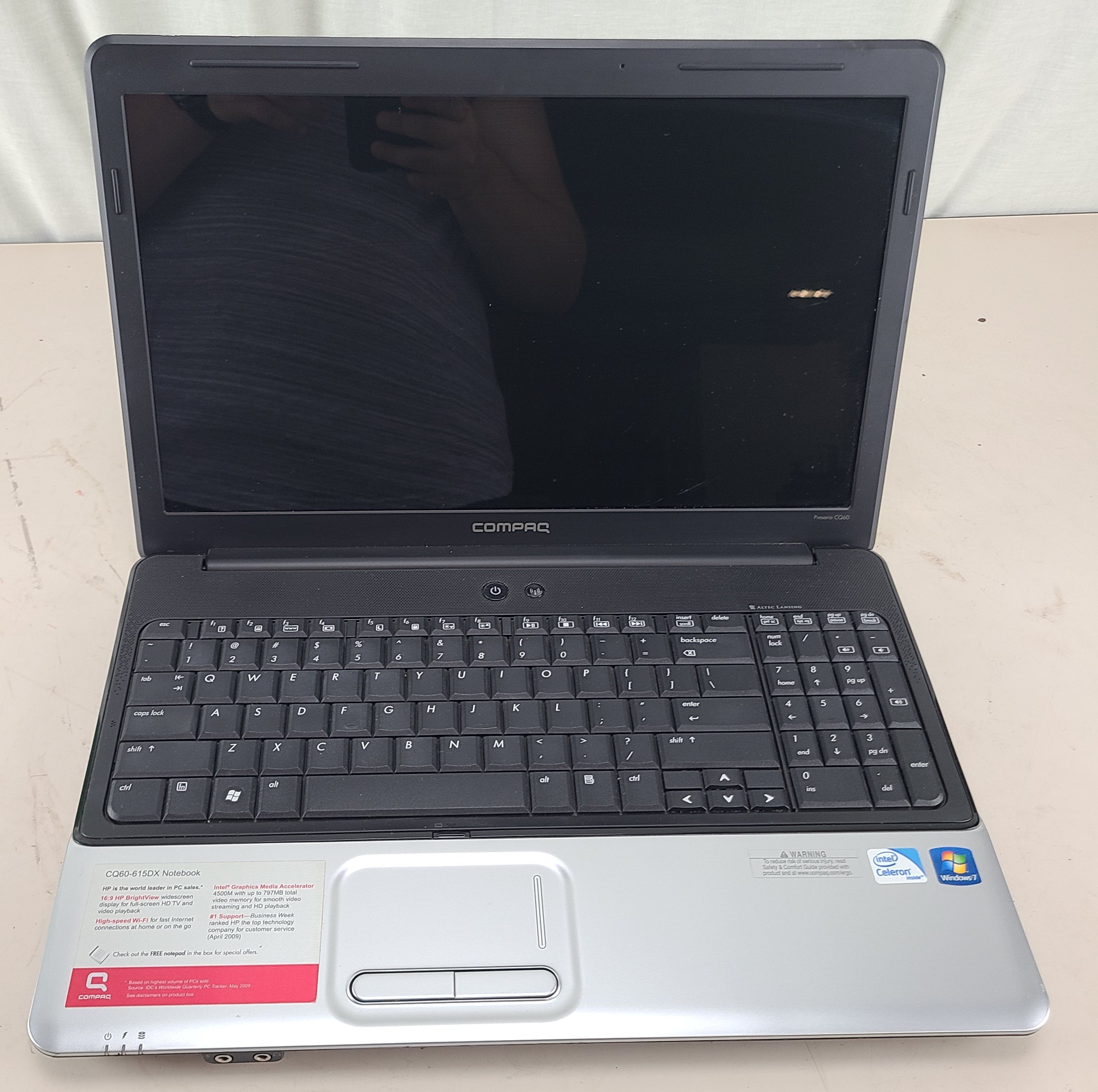 FOR PARTS Compaq Presario CQ60 Notebook Celeron 2GB 250GB HDD NO OS/BATTERY