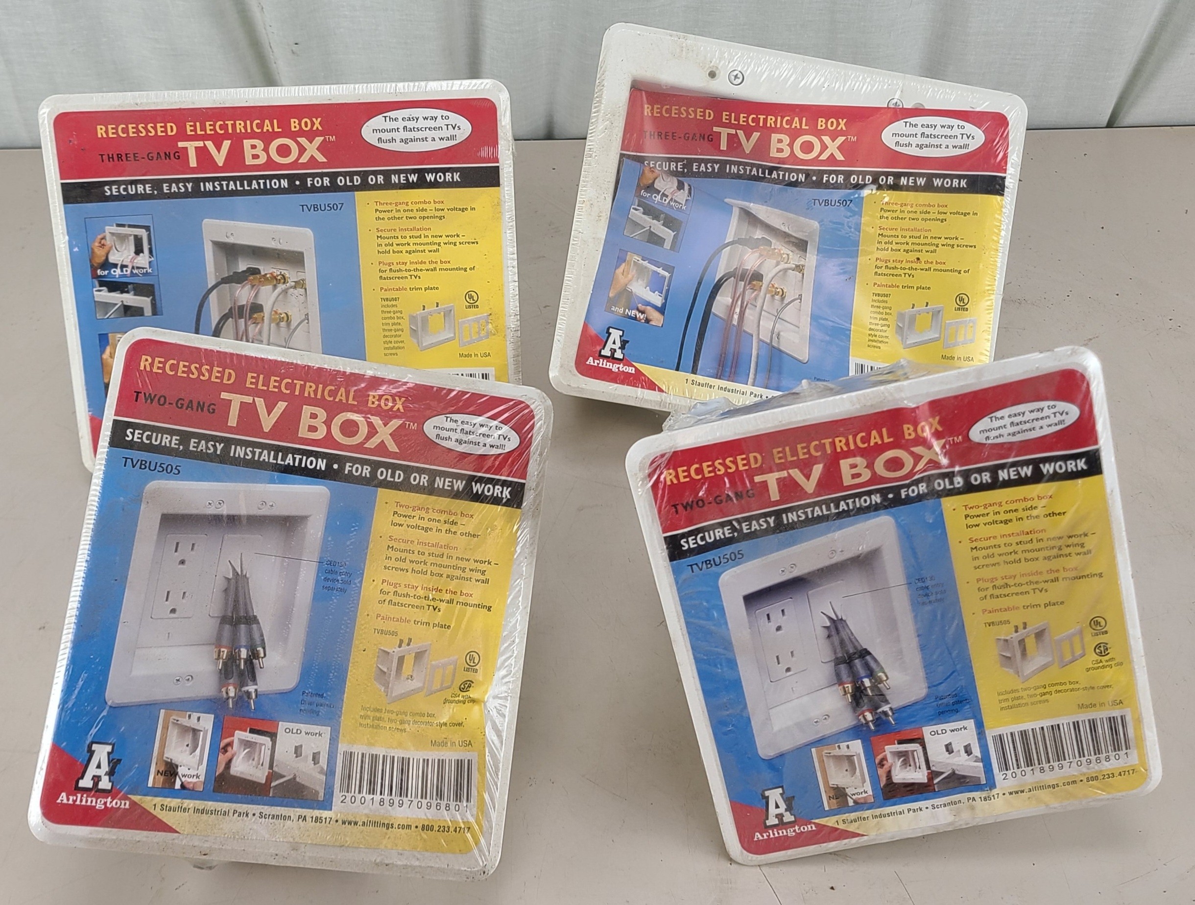 Lot of 4 Arlington Recessed Electrical Box 2 Gang + 3 Gang TV Boxes TVBU505 TVBU507