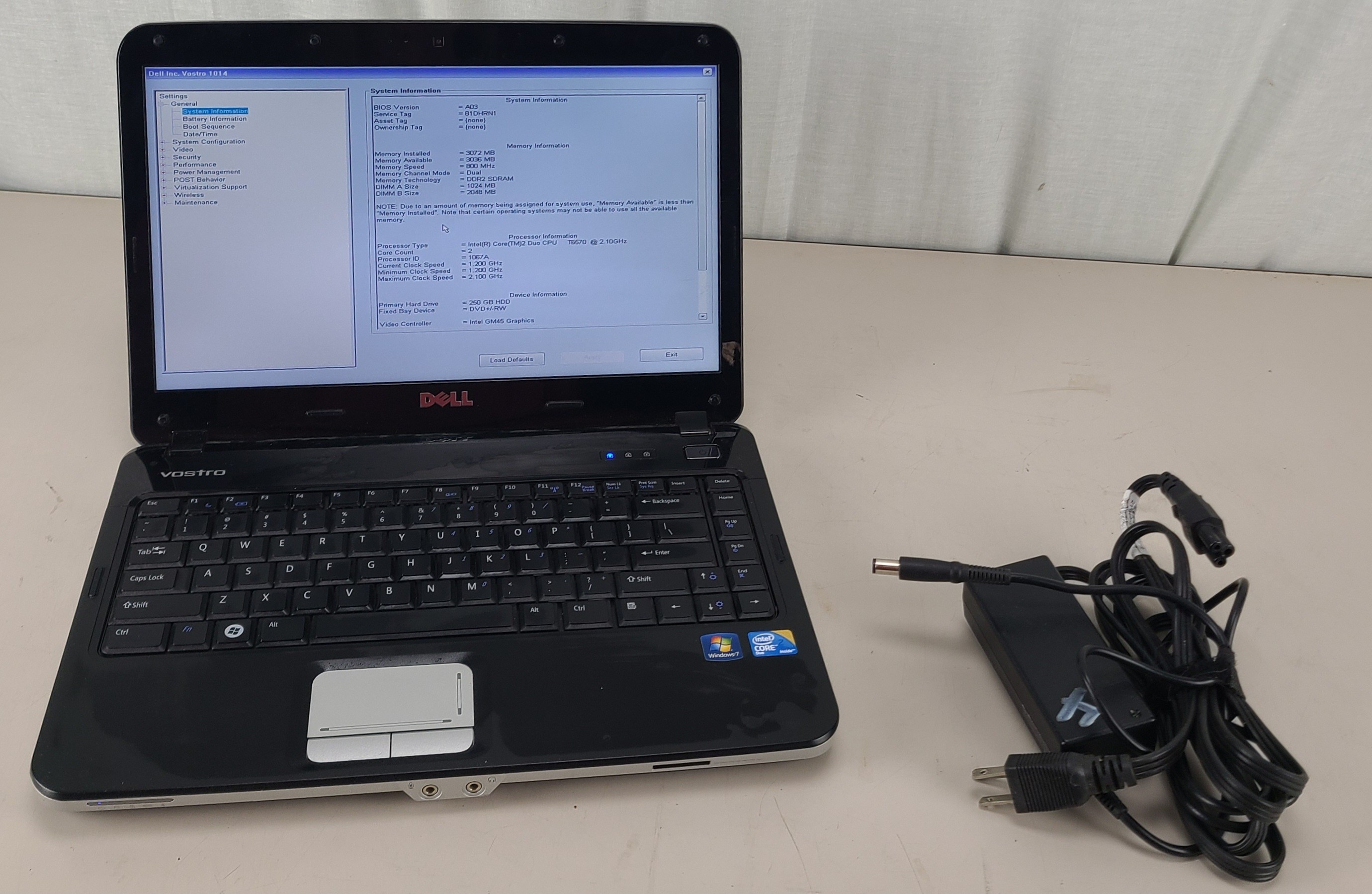 Dell Vostro 1014 C2D T6570 3GB RAM 250GB HDD NO OS