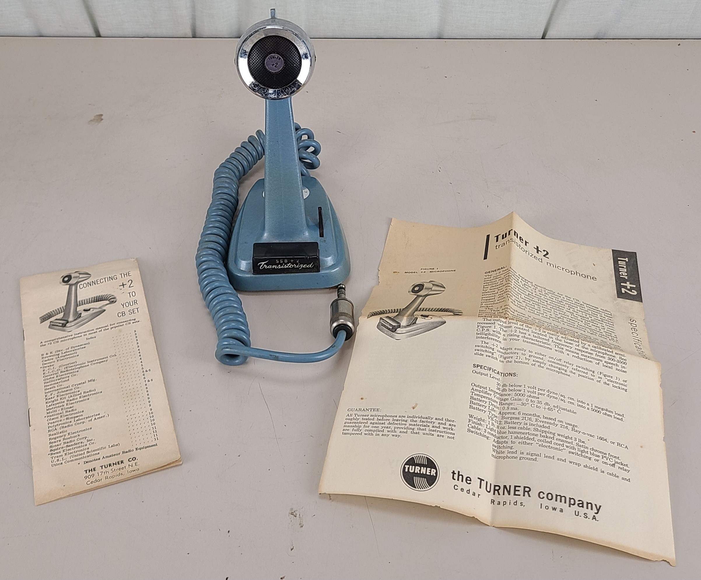 Vintage Turner +2 Transistorized Microphone w/ Original Instruction Manual + Spec. Page