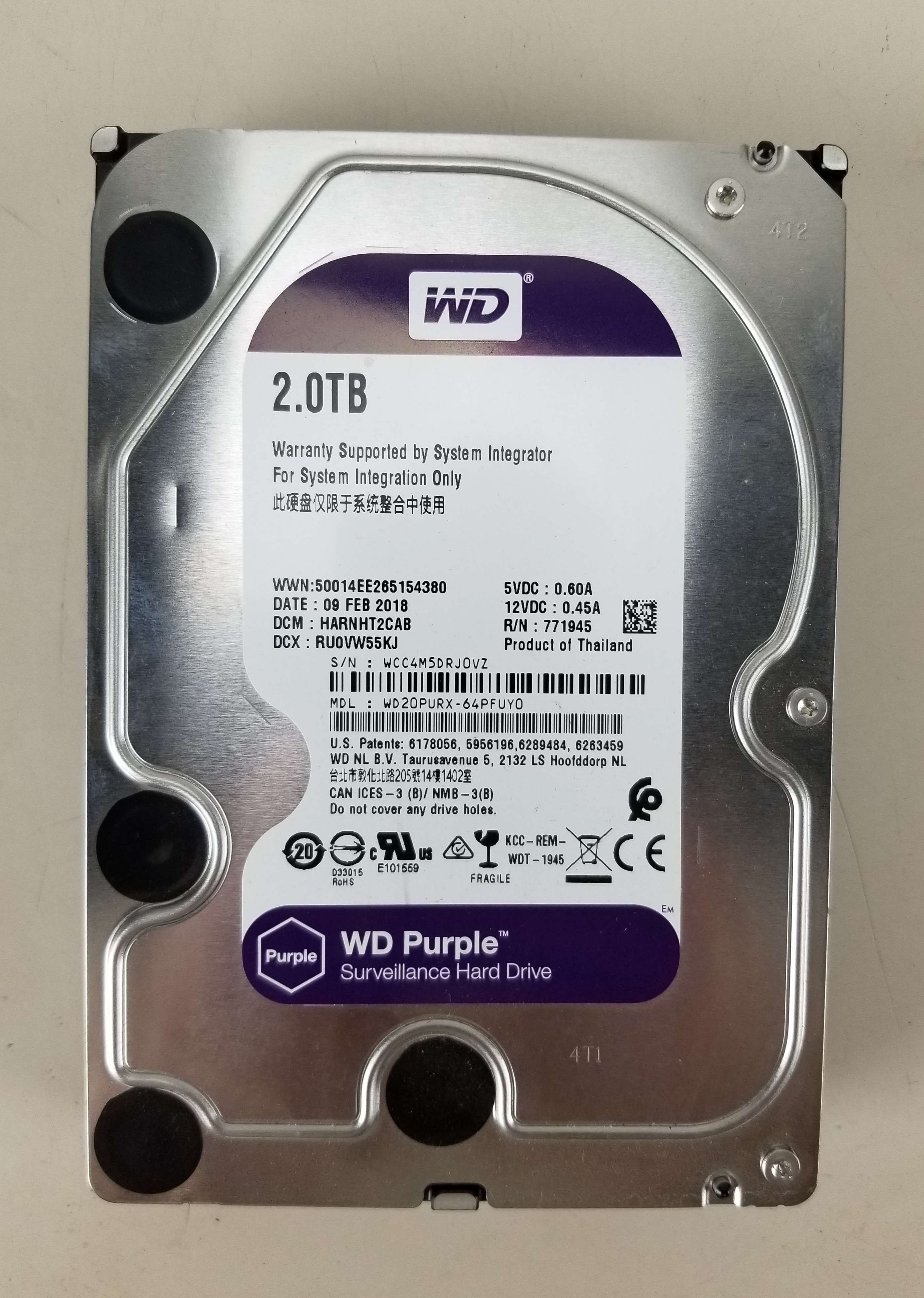 USED Western Digital WD Purple 2TB Hard Drive WD20PURX-64PFUY0