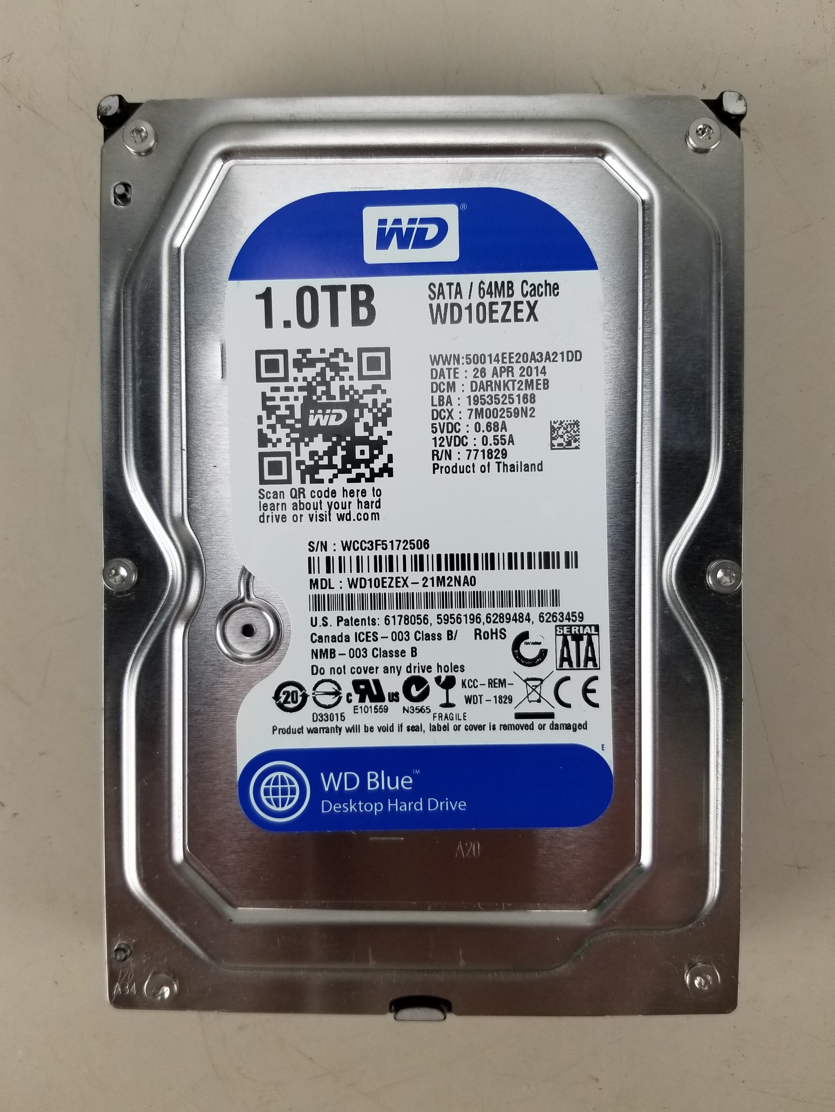 USED Western Digital Blue 1TB SATA Hard Drive WD10EZEX-21M2NA0