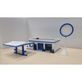 HO Scale Service Station with Opening Garage Doors Blue Trim